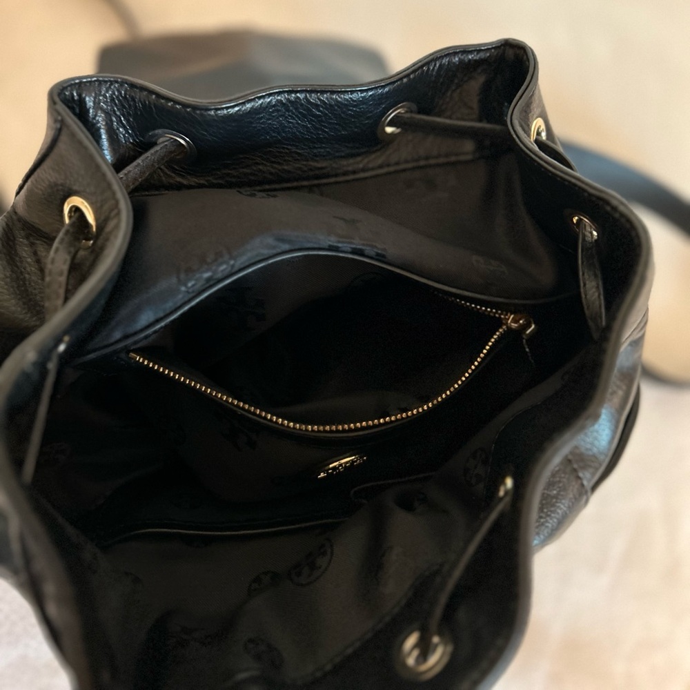 Tory Burch Black Leather Logo Drawstring Backpack - Picture 10 of 16